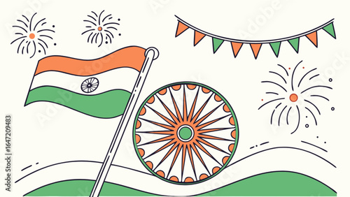 Indian independence day vector illustration with flag ashoka chakra and festive decorations design