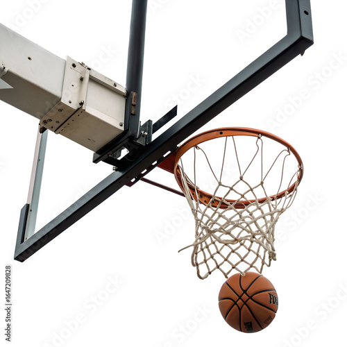 Basketball Hoop in Action: A classic basketball hoop and net is captured mid-game, with a ball suspended, ready for action, it captures the essence of competitive sports and leisure time.