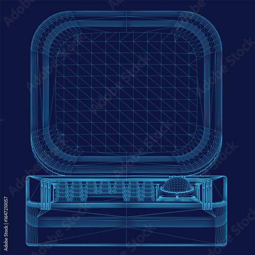 A retro computer with a keyboard sits on a dark blue background, rendered in a wireframe style for a striking 3D effect. The minimalist isometric design features a vintage CRT monitor, mechanical.