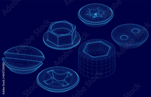 A 3D wireframe model of various nuts and bolts arranged symmetrically on a vibrant blue background. Each nut has a distinct shape and size, creating visual interest.