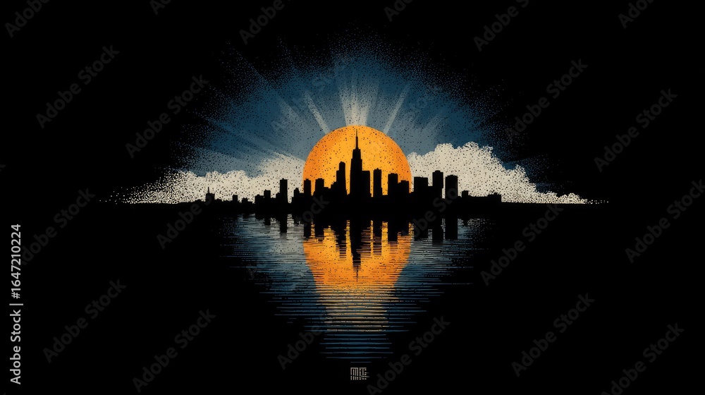 Fototapeta premium City silhouette, rising sun, dark sky