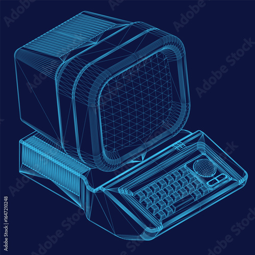 An old retro computer with a keyboard sits on a dark blue background, rendered in a wireframe style for a striking 3D effect. The minimalist design highlights the vintage technology.