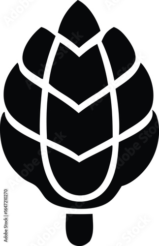 Stylized black and white silhouette of a hop cone with segmented petals and a stem