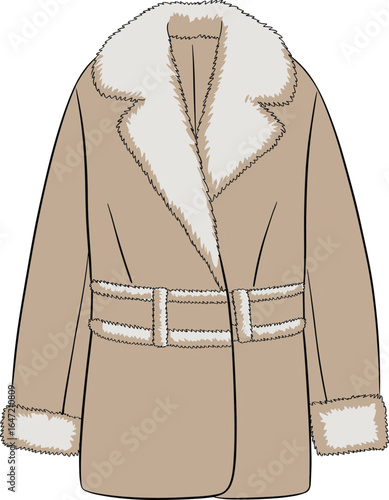 Stylish beige winter coat illustration, fur collar and cuffs, fashion outerwear design, vector apparel sketch, warm clothing template, layered look