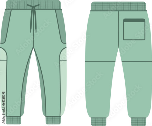 Green jogger pants front and back view, drawstring waistband, elastic cuffs, casual sportswear trousers design, CAD drawing flat vector illustration