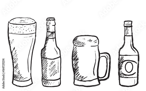 Alcohol drink bottles with beer in black brush stroke texture isolated on white. Hand drawn vector sketch illustration in vintage charcoal ink. Bar menu background, design, beer glass with foam