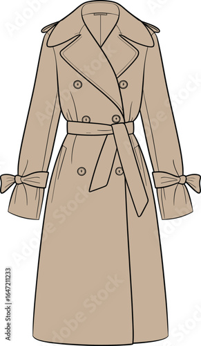 Double-breasted trench coat flat sketch with sleeve bow detail, waist belt, fashion technical drawing for women’s outerwear, coat design illustration