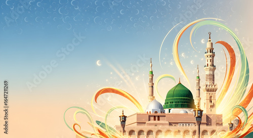 Milad un Nabi Maulid or Mawlid al Nabi Islamic background banner with Madina dome and crescent glow