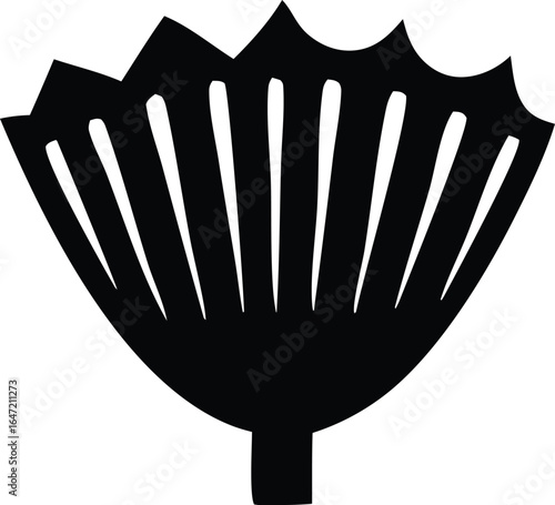 Stylized black silhouette of a lotus flower bud with visible petal lines and a stem