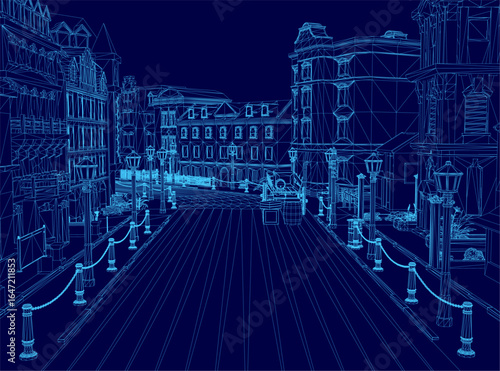 A medieval town blueprint at night features wireframe buildings, street poles, and glowing street lights. People walk along the road under a deep blue sky. Barrier poles line the illuminated pathway.