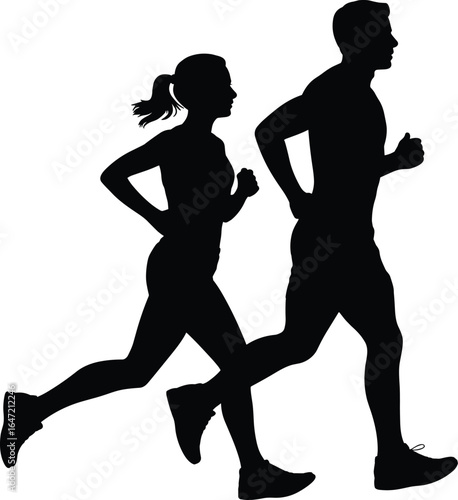 Silhouette of a man and woman jogging together, running couple in activewear, perfect for fitness, sport, health, or lifestyle vector concepts.