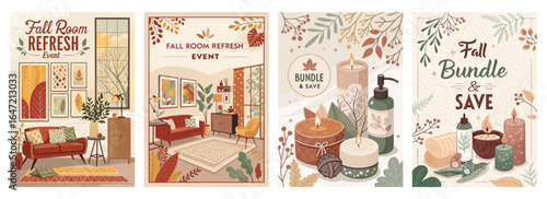 Autumn-themed decor showcasing cozy living spaces with warm colors and seasonal elements.