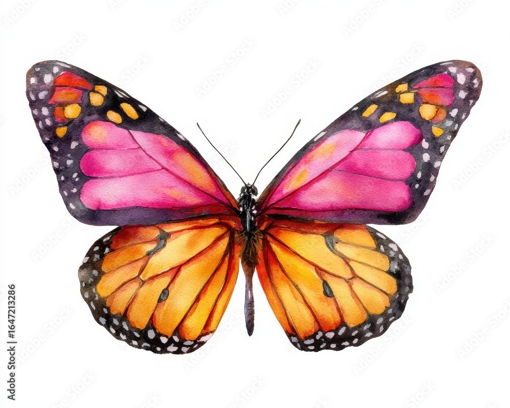 Obraz premium Watercolor Monarch Butterfly. Beautiful Pink and Colourful Butterfly Isolated on White Background