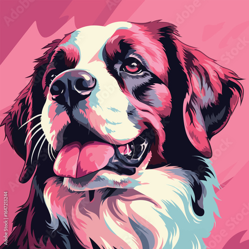 Saint Bernard dog portrait. Vector illustration in pink background.