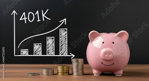 401K Investment Growth with Piggy Bank | Retirement Savings Concept for Financial Planning, Wealth Management, and Future Security