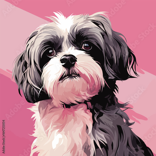 Shih Tzu dog portrait. Vector illustration in pink background.