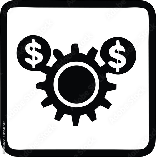 Conceptual illustration of financial mechanics and economic processes represented by a gear with dollar signs on either side