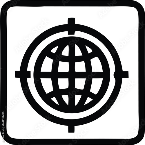 Stylized black and white globe icon with crosshairs target symbol inside a square frame