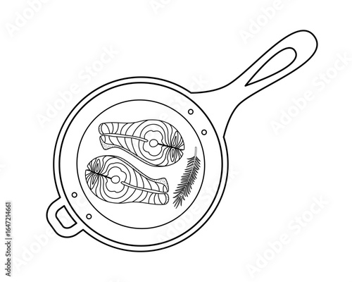 Outline Salmon steaks sprig of rosemary on the pan with handles Healthy Food Poster Design element