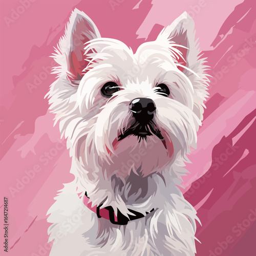 West highland white dog portrait. Vector illustration in pink background.