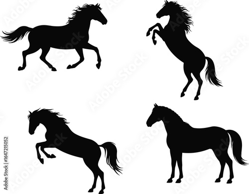 Set of four black horse silhouettes, dynamic horse poses including running, rearing, jumping, and standing, vector illustration, equine clipart, wild horses
