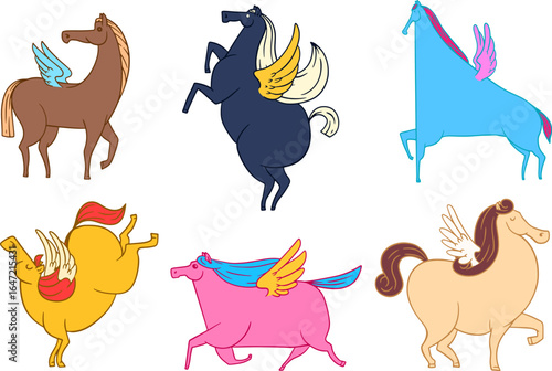 Pegasus character in various poses. Set of colorful design groovy magic mascot design in cartoon funny doodle style. Flat vector illustration for avatar, sticker, game.