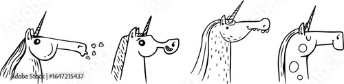Unicorn heads in cartoon funny doodle style. Set of outline design groovy magic character design. Flat vector illustration for avatar, sticker, game.