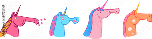 Unicorn heads in cartoon funny doodle style. Set of colorful design groovy magic character design. Flat vector illustration for avatar, sticker, game.