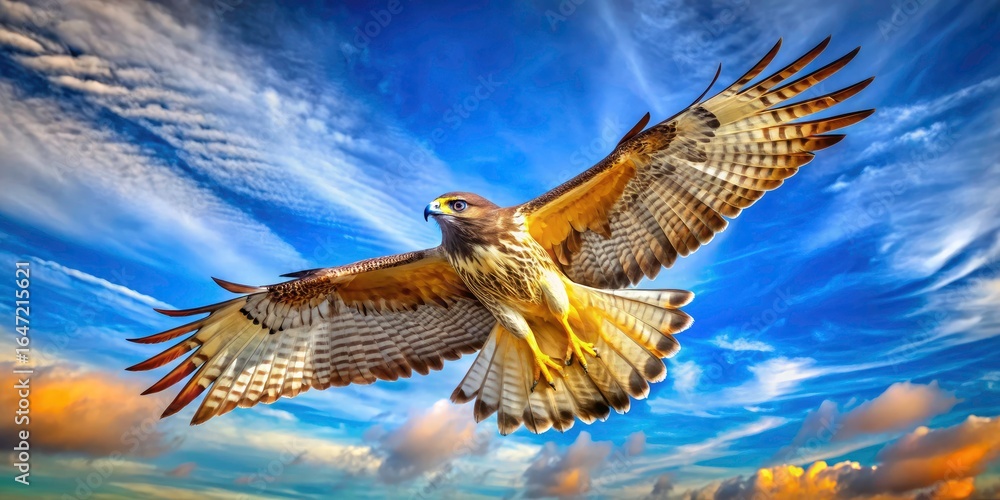 Fototapeta premium Panoramic blue sky canvas showcases a soaring red-tailed hawk; majestic, powerful, and free.