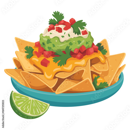 Delicious Nachos Supreme Illustration with Guacamole Cheese Tomatoes and Lime for Restaurant Menu Design or Food Blog Graphics