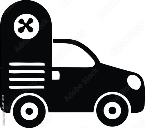Silhouette of a stylized delivery van with a prominent cooling fan symbol on its tall rear compartment suggesting refrigerated transport