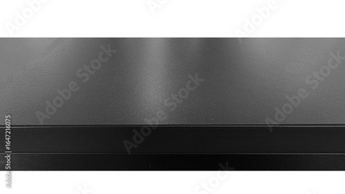 Minimalist black counter or tabletop with a matte textured finish, isolated on white background, ideal for product mockups or design.