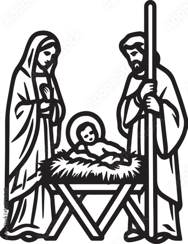 "Christmas Nativity Scene Illustration with Holy Family in Manger"