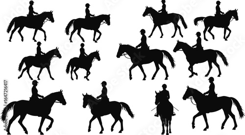 Set of horse rider silhouettes in various equestrian poses, horseback riding vector collection, horse and rider illustration, sport, nature, active lifestyle design elements