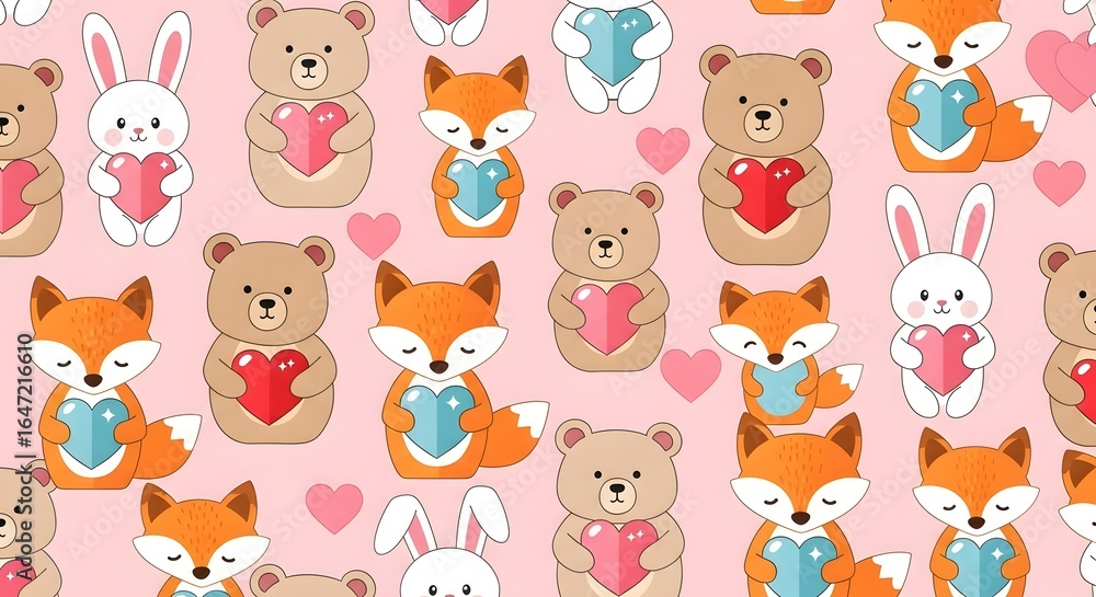 Fototapeta premium Digital illustration of cute cartoon animals holding hearts on a pink background.