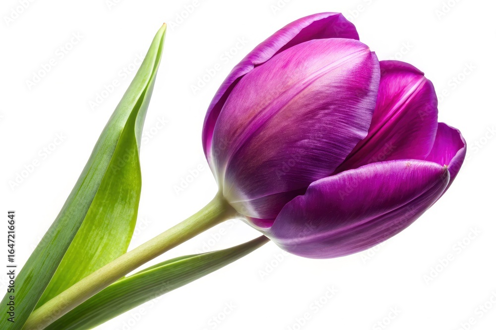 Fototapeta premium Panoramic close-up: a single purple tulip, stark white background, perfect design element.