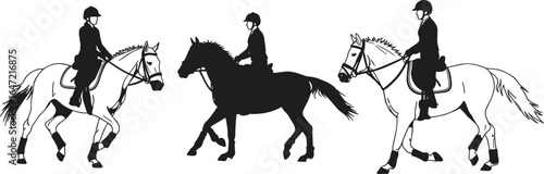 Three equestrians riding horses, horse riding sport, horseback riders with helmets, detailed vector illustration, horse training, equestrian exercise, riding competition concept