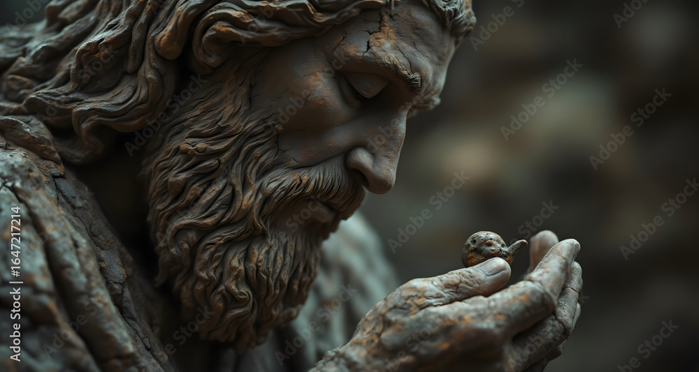 Naklejka premium Ancient Stone Sculpture of a Wise Old Man Holding a Tiny Creature in His Hands