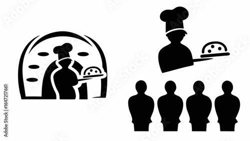 Chef serving pizza to a group of people in a restaurant with an oven in the background in black and white silhouette