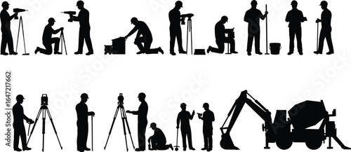 Construction workers and land surveyor silhouettes with tools, tripods, equipment, excavator, cement mixer, perfect for architectural, engineering, and industrial vector illustrations