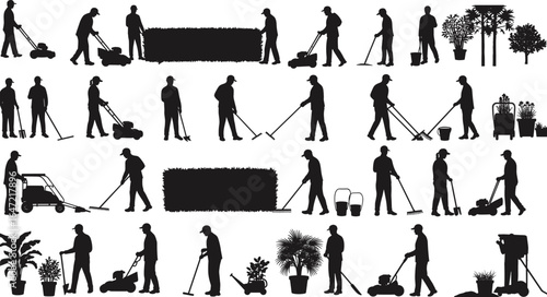 Gardening and landscaping workers silhouette vector set, including mowing, raking, hedge trimming, plant care, tools, and outdoor garden maintenance elements