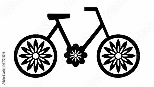 Illustration of a bicycle with flower shaped wheels and pedals in black and white simple design style silhouette