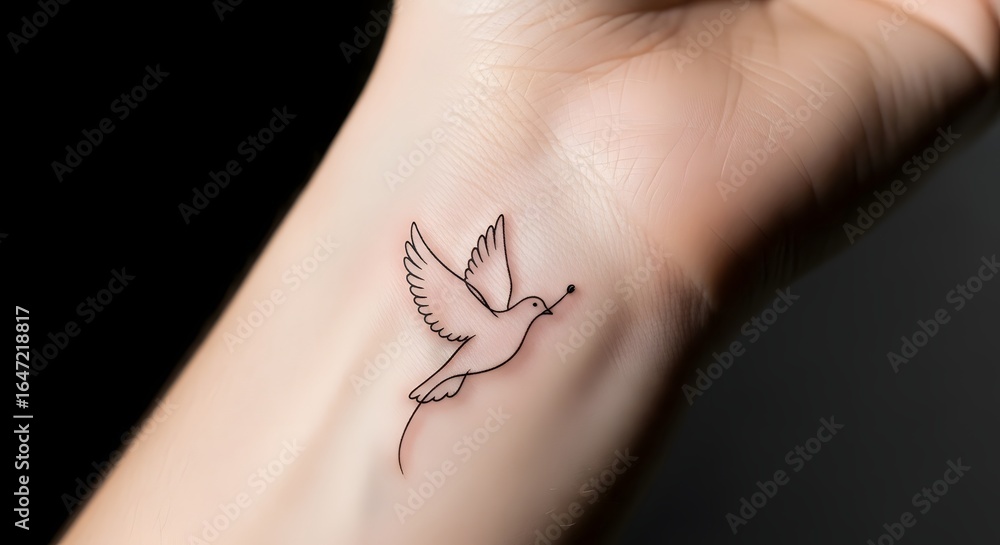 Obraz premium Close-up view of a minimalist line art dove tattoo on a fair-skinned wrist, showcasing delicate black ink against pale skin, conveying a peaceful mood.