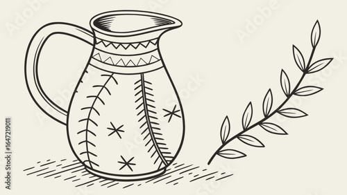 Vintage pitcher illustration with floral accent drawing for kitchen decor and farmhouse style design element
