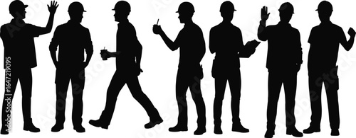 Construction worker silhouettes in safety helmets, walking, holding drink, clipboard, waving, gesturing, standing in various poses, vector illustration, industrial labor concept