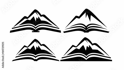Four mountain book logos in black and white showing a blend of nature and literature concept design silhouette