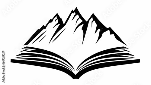 Black and white graphic illustration of mountains above an open book with multiple pages displayed flat silhouette