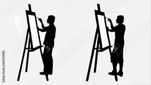 Silhouette of two artists painting on easels in a black and white illustration of creative expression