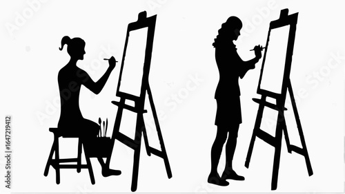 Two silhouettes of artists painting on canvases placed on easels in a black and white illustration