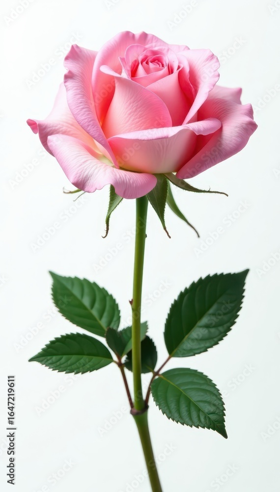 Fototapeta premium Delicate light pink rose with water droplets, isolated on white Top view , botany, white background